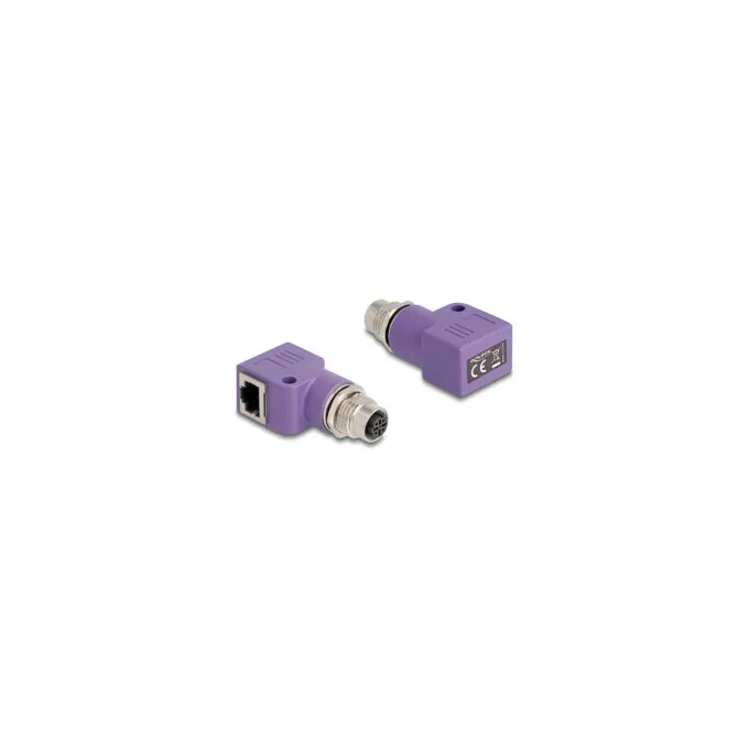 Delock M12 Adapter D-kodiert 4 Pin Buchse zu RJ45 Buchse Cat.5e mit Befestigungsloch 90° gewinkelt violett — image 1