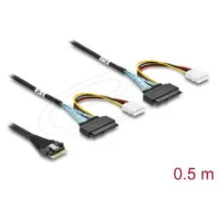 Delock PCIe 4.0 Kabel Slim SAS SFF-8654 8i zu 2 x U.2 SFF-8639 Buchse + Stromanschluss 0,5 m