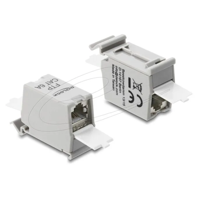 Delock RJ45 Kupplung Cat.6A Buchse zu Buchse mit Staubschutzklappe für Hutschienen Montage geschirmt grau weiß — image 2