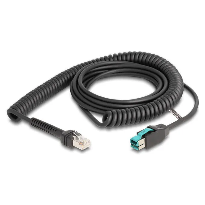 Delock Spiralkabel RJ50 Stecker zu PoweredUSB Stecker 12 V 3 m schwarz — image 1