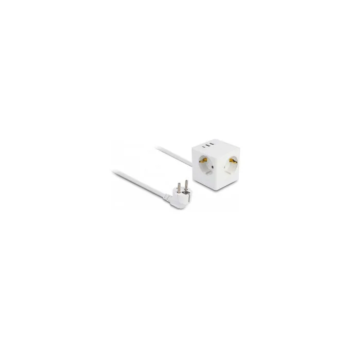 Delock Steckdosenwürfel mit Verlängerungskabel 3-fach mit Kindersicherung und USB Ladegerät. 1.5 m Kabel. weiß — image 1