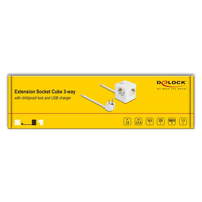 Delock Steckdosenwürfel mit Verlängerungskabel 3-fach mit Kindersicherung und USB PD 3.0 Ladegerät 20 W. 1.5 m Kabel.... — image 39