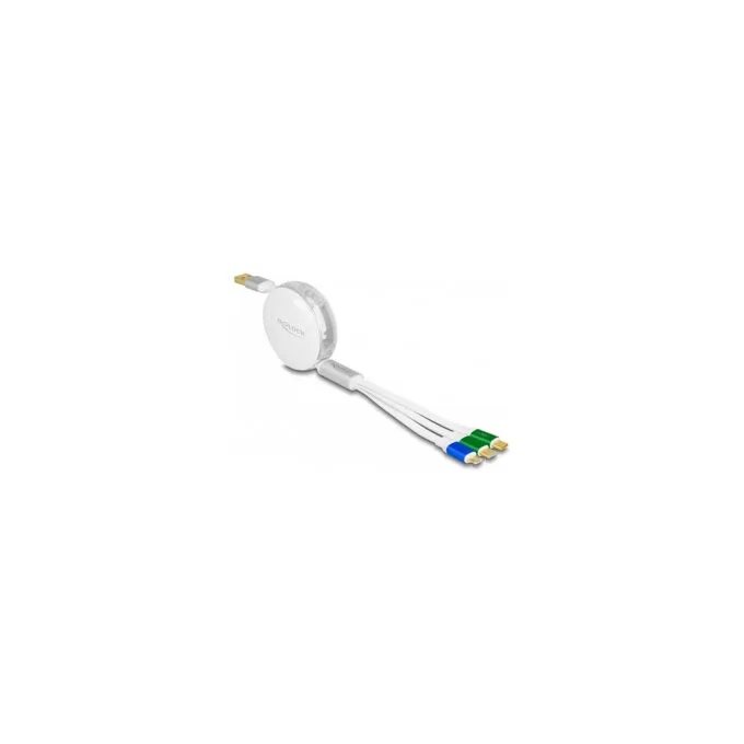 Delock USB 3 in 1 Aufrollladekabel Typ-A zu Micro USB 2 x USB Type-CTM mit Schnellladefunktion weiß — image 1