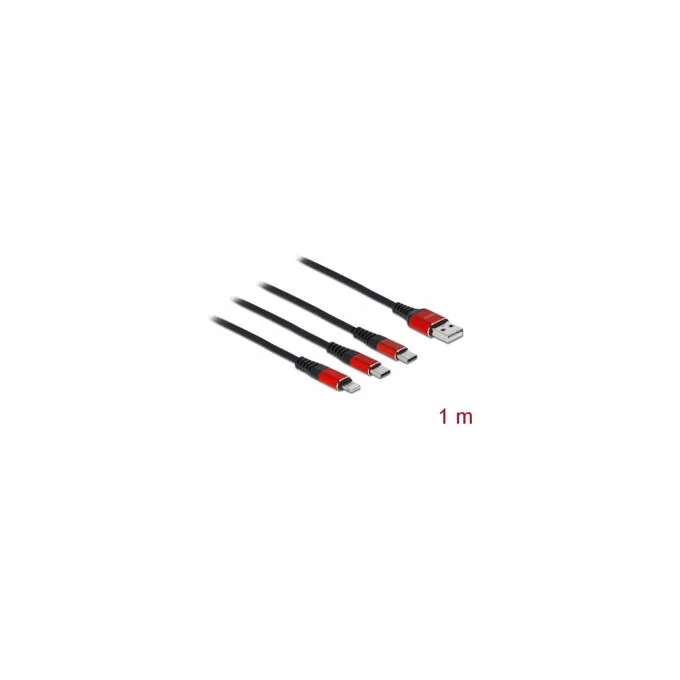 Delock USB Ladekabel 3 in 1 Typ-A zu LightningTM 2 x USB Type-CTM 1 m schwarz rot — image 2
