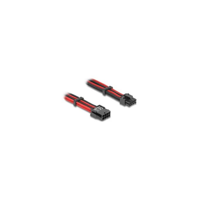Delock Verlängerungskabel 8 Pin Stecker zu 6 + 2 Pin PCIe Buchse Textilummantelung rot-schwarz 30 cm — image 1