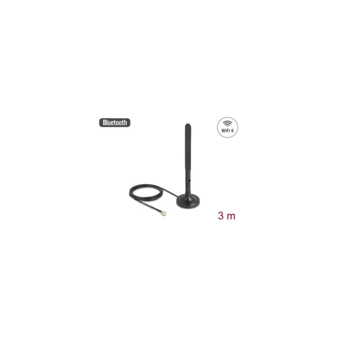 Delock WiFi 6 Antenne RP-SMA Stecker 3 dBi omnidirektional mit Anschlusskabel RG-174 3 m mit Kippgelenk mit magnetisc... — image 1
