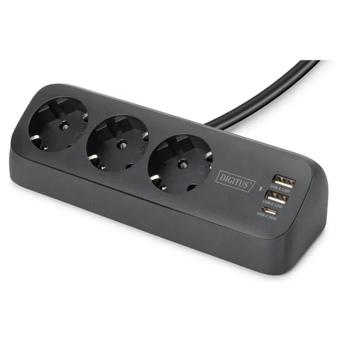 DIGITUS Steckdosenleiste 3x + 2USB 1.5m 12W 30W schwarz — image 1