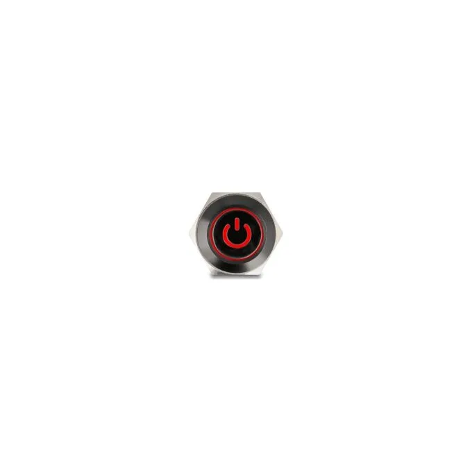 Druckschalter zum Einbau schwarz 16 mm 12 V 5 x Lötanschluss LED rot Powersymbol + Ring — image 3