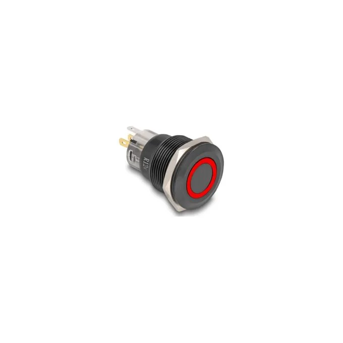 Druckschalter zum Einbau schwarz 22 mm 12 V 5 x Lötanschluss LED rot Ring — image 1