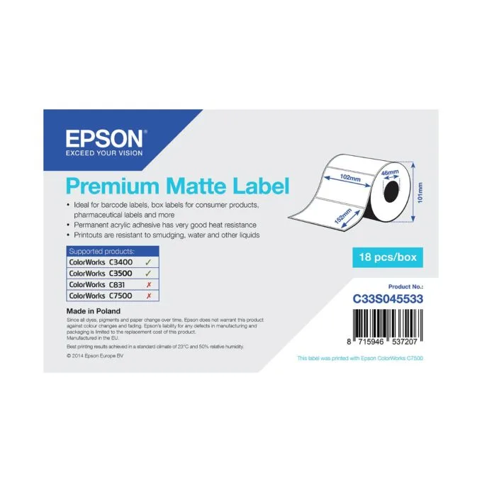 Epson Premium - Matte. gestanzte Etiketten - 102 x 152 mm - 225 Etikett(en) - für Epson TM-C3400-LT — image 1