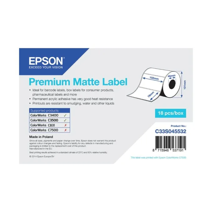 Epson Premium - Matte. gestanzte Etiketten - 102 x 76 mm - 440 Etikett(en) - für Epson TM-C3400-LT — image 1