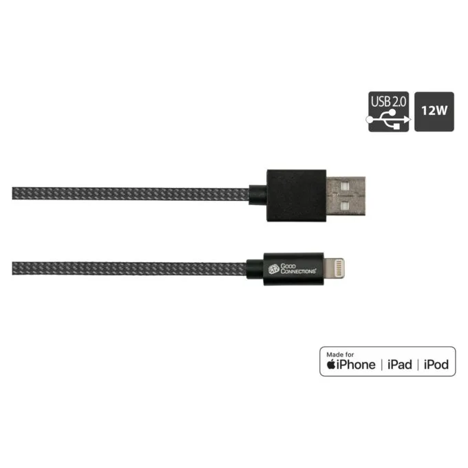 GoodConnections USB-A 2.0 to Lightning (ST-ST) 0,5m Ladekabel Textilmantel 12W Schwarz — image 3