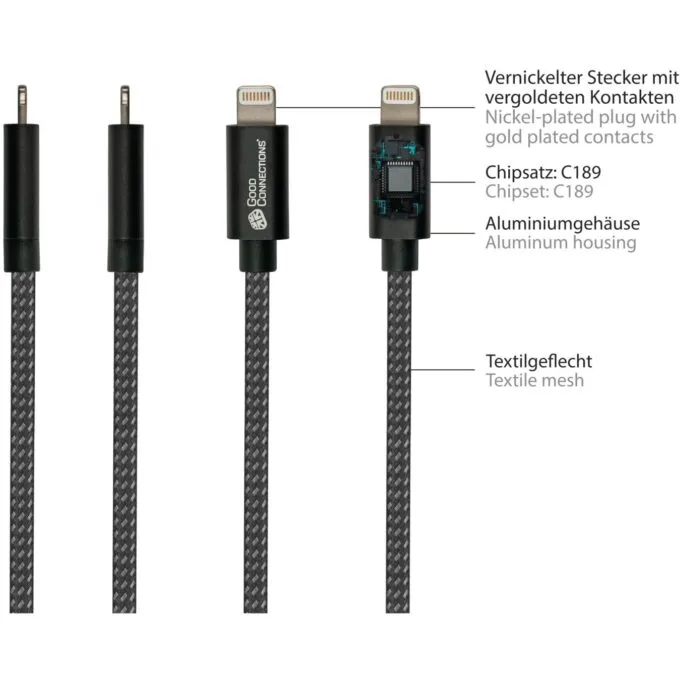 GoodConnections USB-A 2.0 to Lightning (ST-ST) 0,5m Ladekabel Textilmantel 12W Schwarz — image 5