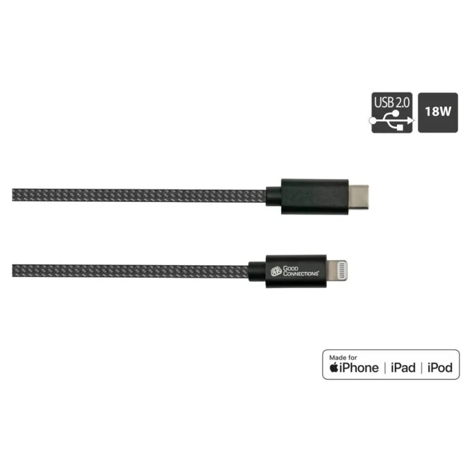 GoodConnections USB-C 2.0 to Lightning (ST-ST) 0,5m Ladekabel Textilmantel 18W Schwarz — image 3