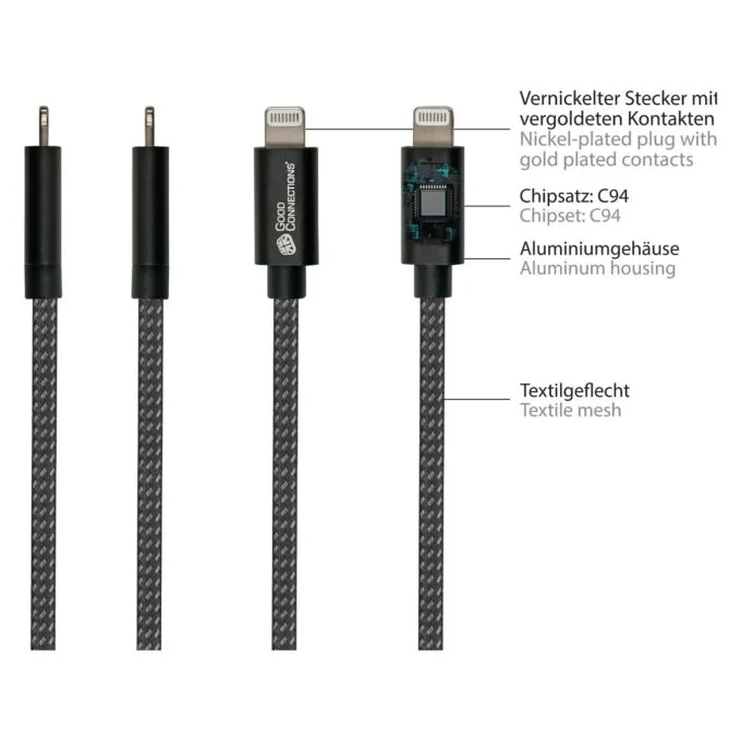 GoodConnections USB-C 2.0 to Lightning (ST-ST) 0,5m Ladekabel Textilmantel 18W Schwarz — image 4