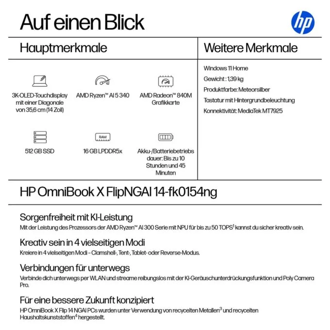 HP OmniBook X Flip 14-fk0154ng RYZ AI 5 340 16GB 512SSD W11 Home Touch — image 4