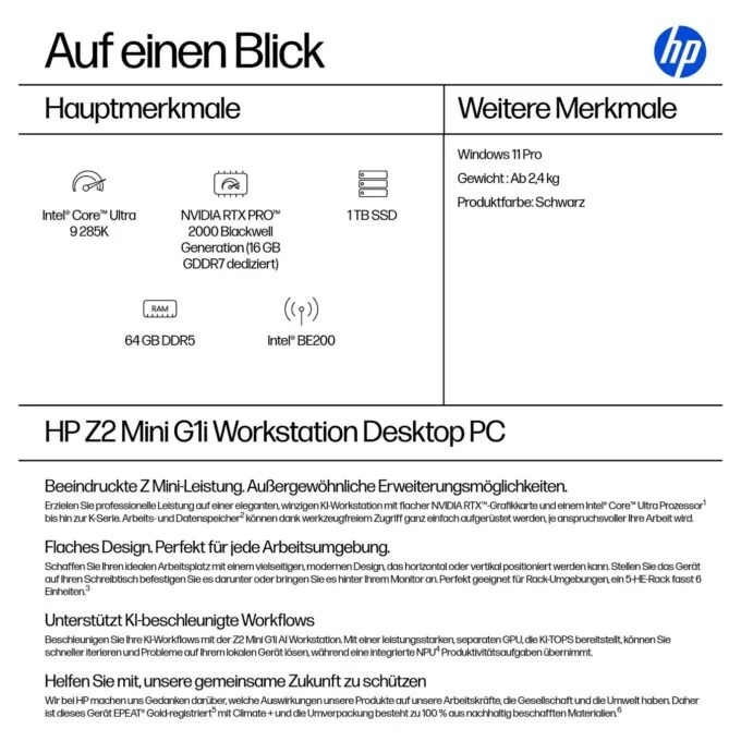 HP Z2 Mini G1i CU9 285K 64GB 1TBSSD RTX PRO 2000 W11 Pro 1J Gar — image 3