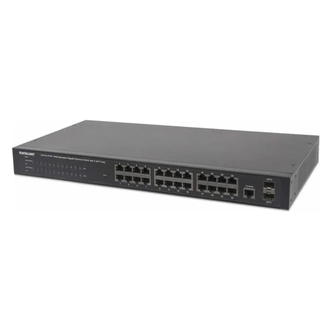 INTELLINET 24-Port PoE Gigabit Switch Web-Managed 2 GBIC SFP Ports Ausgangsleistung bis zu 30 Watt pro Port PoE+ IEEE... — image 1