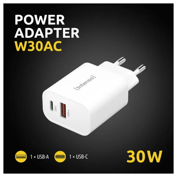 Intenso Power Adapter W30AC. Anschlüsse: 1x USB-A. 1x USB-C Output: max. 30 Watt. Weiß — image 2