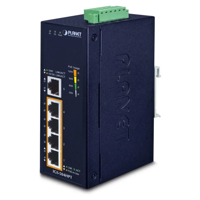 PLANET 5-Port Industrial Gigabit Switch w 4-Port 802.3at — image 1