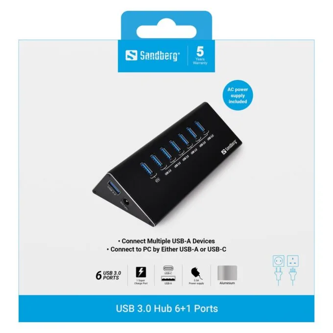Sandberg 133-82 USB 3.0 HUB 7-Port 7xUSB 3.0 Schwarz — image 2