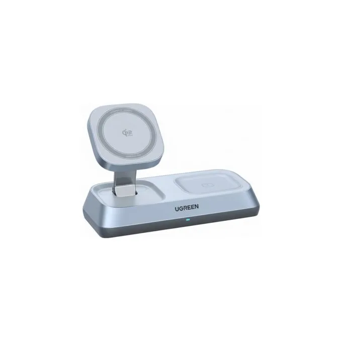 UGREEN W711 MagFlow 3-in-1 magnetisches kabelloses Desktop Ladegert Qi2 25W fuer iPhone, AirPods und Watch silber — image 1