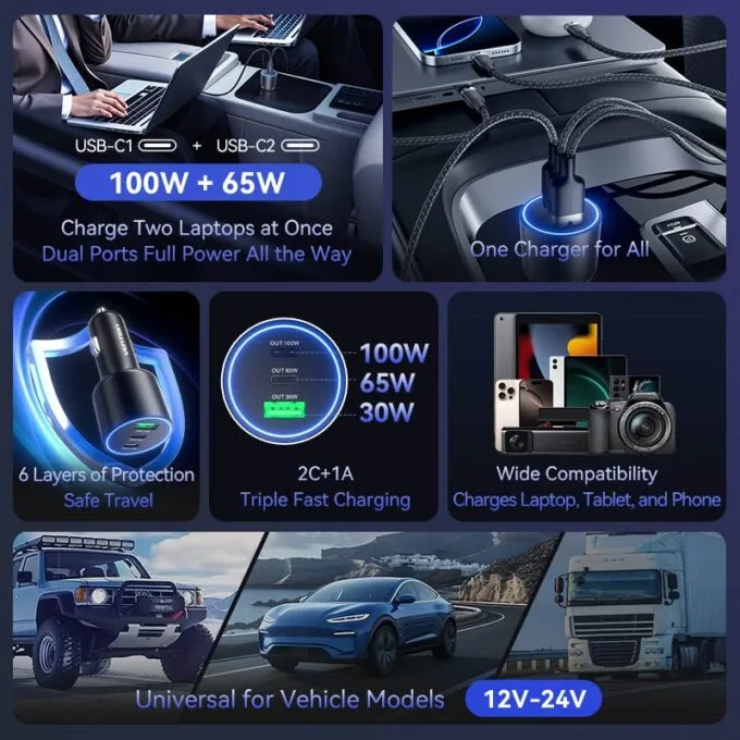 Vention Charger Car 165W 2xUSBC 1xUSBA 100W Max Black FFPB0 — image 4