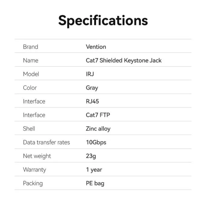 Vention NETWORK Keystone Jack CAT7 UTP Toolless Grey IRJH0 — image 10