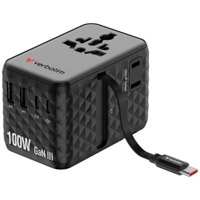 Verbatim Charger Travel Adapter 100W 2xC 2xA 1xRetractable USB-C Black — image 1