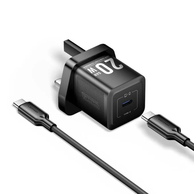 Vention Charger Wall GaN 20W 1xUSBC UK + USB-C 1m Cable Black FEPB0-UK-01 — image 2