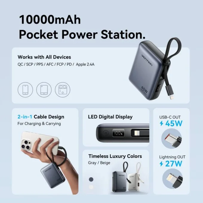 Vention Powerbank 10000mAh 45W Built-in USB-C & Lightning Cables FKMN0 Beige — image 6