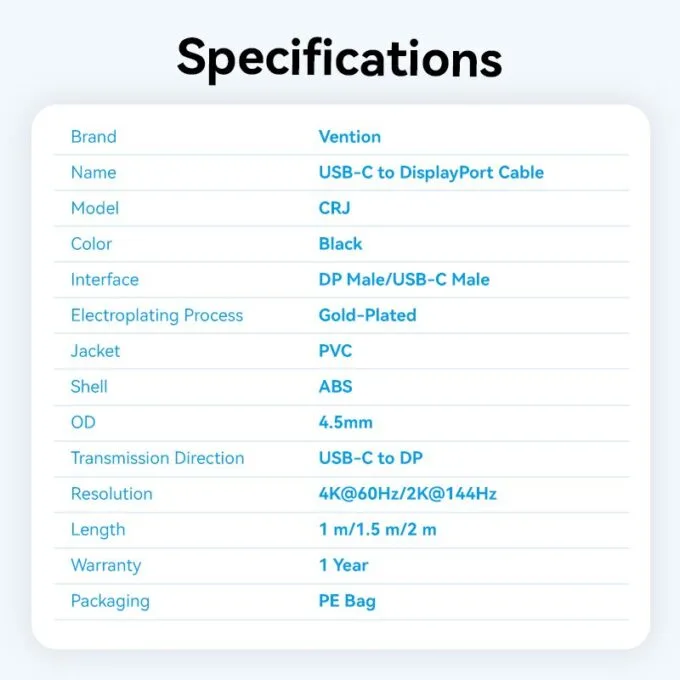 Vention Converter USB-C to DisplayPort Cable 4K60Hz 2.0m CRJBH — image 8