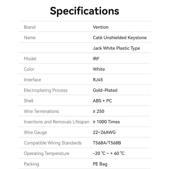 Vention NETWORK Keystone Jack CAT6 UTP White IRFW0 — image 11