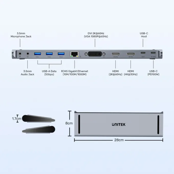 Unitek USB-C Hub Docking Station 11in1 USB3.0 2xHDMI/1xDVI/Gb Lan/Audio/PD100W D1147A — image 10