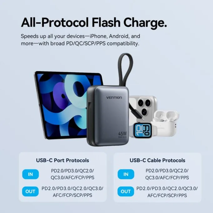 Vention Powerbank 10000mAh 45W Built-in USB-C & Lightning Cables FKMN0 Beige — image 7