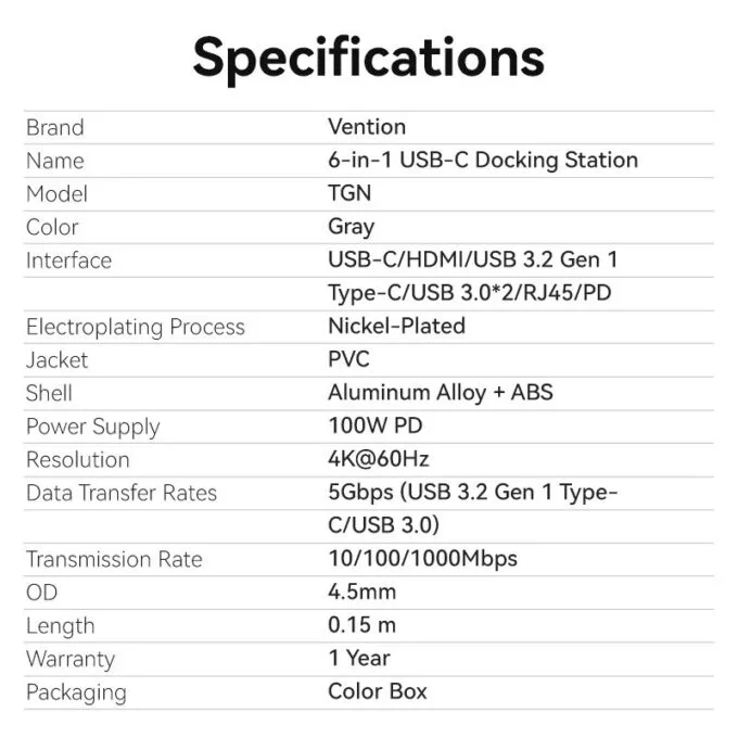 Vention HUB USB-C 1xUSB-C 3.2/2xUSB3.0/HDMI 4K60Hz/Gb/PD TGNHB — image 12