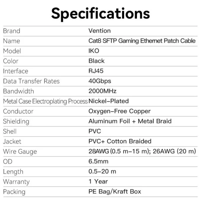 Vention NETWORK Cable CAT8 SFTP Braided 1.0m Black-Nickel IKOBF — image 13