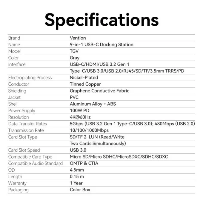 Vention HUB USB-C 1xUSB-C 3.2/USBA3.0/USBA2.0/HDMI 4K60Hz/RJ45/SD/3.5mm/PD TGVHB — image 15