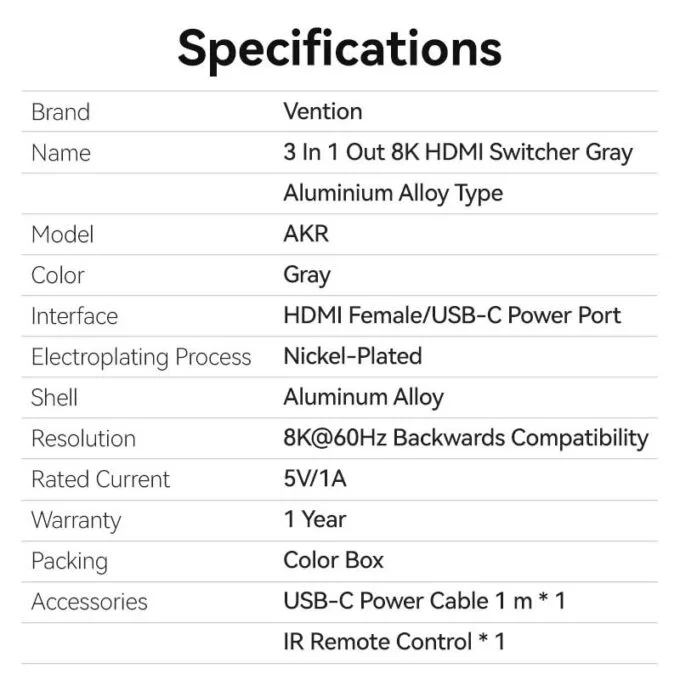 Vention HDMI Switch 3-Port 8K 2.1 w/Remote Control AKRH0 — image 16