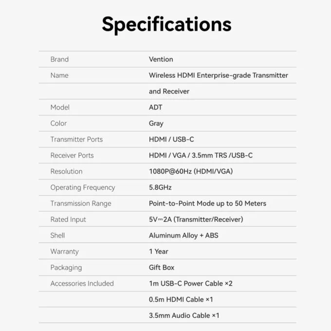 Vention ADTH0 Enterprise-Grade Wireless 5.8GHz HDMI to HDMI+VGA+USB-C (Supports up to 8 Transmitters) — image 20