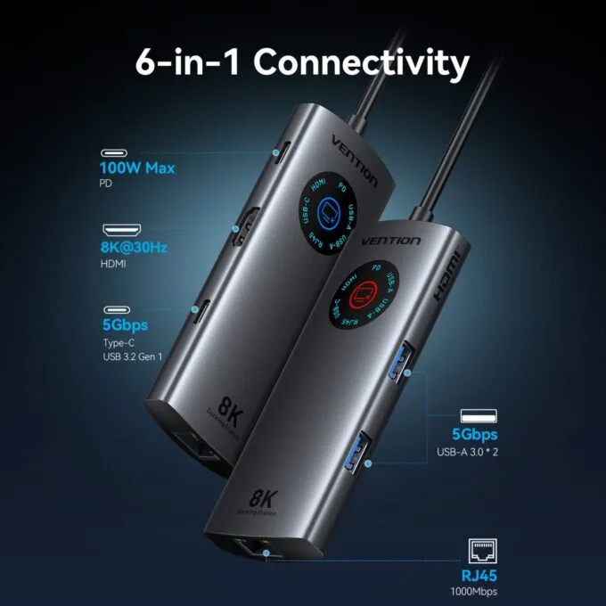 Vention HUB USB-C 3.2 Gen1/8K-HDMI/Gb/PD + LED Display & Switch TQZHB — image 16