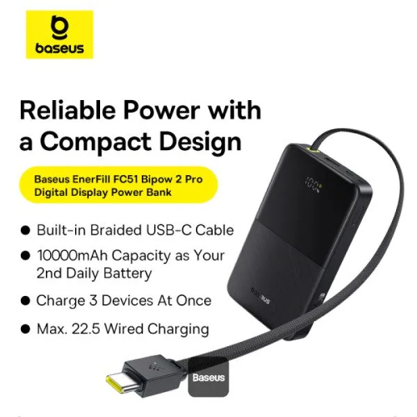 Baseus Powerbank 22.5W 10000mAh + Display EnerFill FC51 Bipow2 Pro Black — image 2