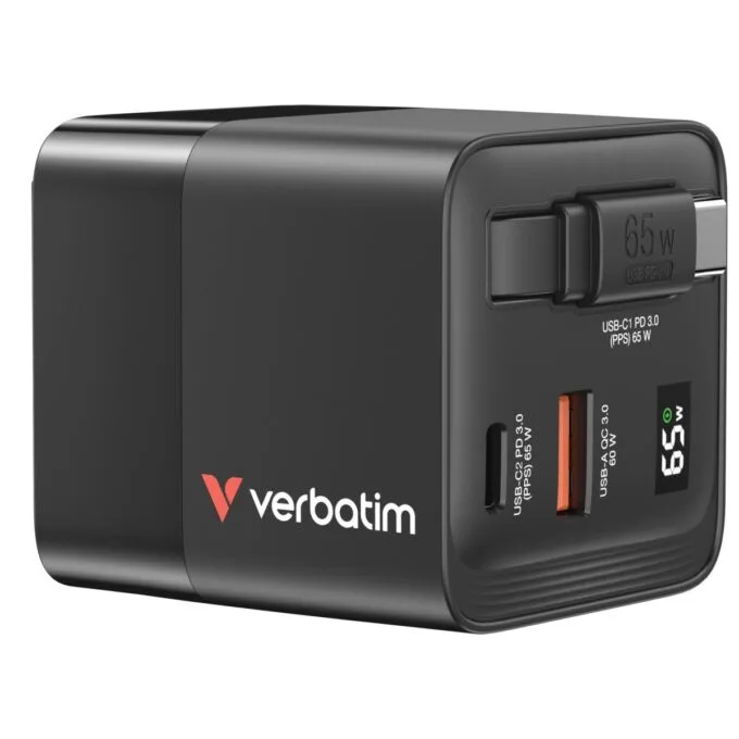 Verbatim Charger Wall 65W GaN 2-Port Retractable Cable & Display — image 1