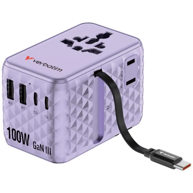 Verbatim Charger Travel Adapter 100W 2xC 2xA 1xRetractable USB-C Purple — image 1