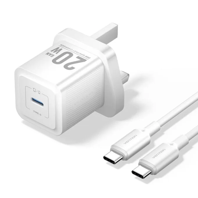 Vention Charger Wall GaN 20W 1xUSBC UK + USB-C 1m Cable White FEPW0-UK-01 — image 1