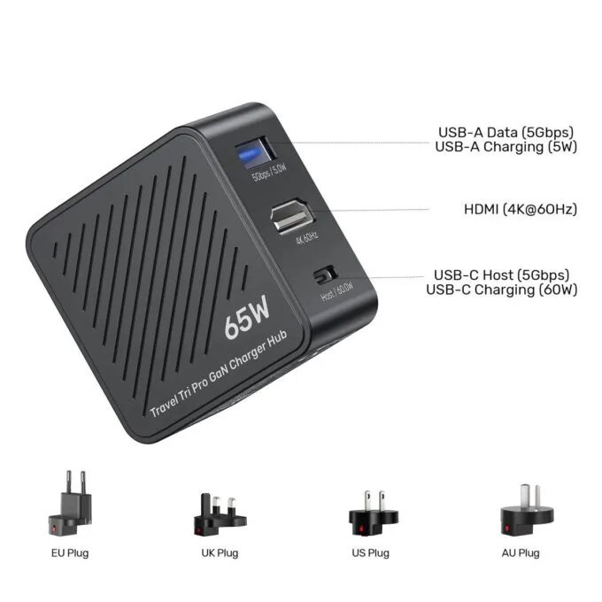 Unitek Charge Wall Travel GaN 65W USBCx1 USBAx1 HDMIx1 P1242 Black — image 4