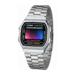 Casio A168WA unisex digital watch with stainless steel bracelet, silver