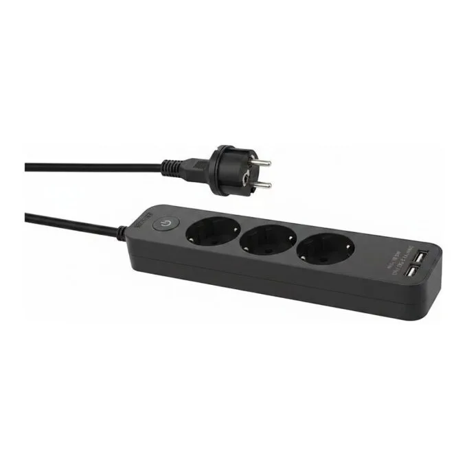 helos power strip ADVANCED, 3x, USB charger black, 1,5m, with switch — image 1