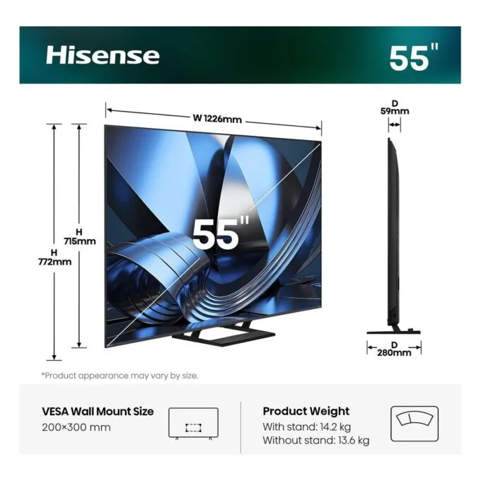 139.0cm/55" (3840x2160) Hisense 55U7SE Smart TV 4K ULED MiniLED 6ms 144Hz HDMI USB LAN HDR VESA WiFi Bluetooth Black — image 2