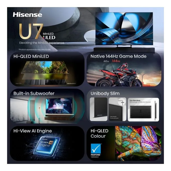 139.0cm/55" (3840x2160) Hisense 55U7SE Smart TV 4K ULED MiniLED 6ms 144Hz HDMI USB LAN HDR VESA WiFi Bluetooth Black — image 3